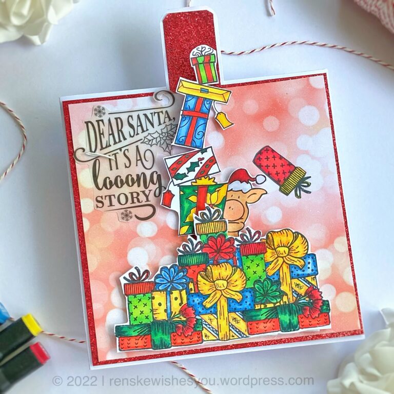 Slider card with lot's of presents. The little pig is sliding behind the presents