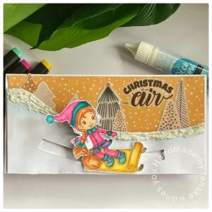 Christmas slimline card with un traditional colours. With Yellow, Pink and teal vibe.