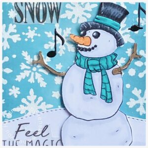 Close up of the coloured digital stamp Frosty The Snowmen Close up of the coloured Frosty the snowman from Dr digi house of stamps.
