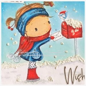 Close up picture of the coloured digital stamp Santa Post Coloured digital stamp Santa POst featuring a girl posting in a red mail box with a blue jacket and red shoes.
