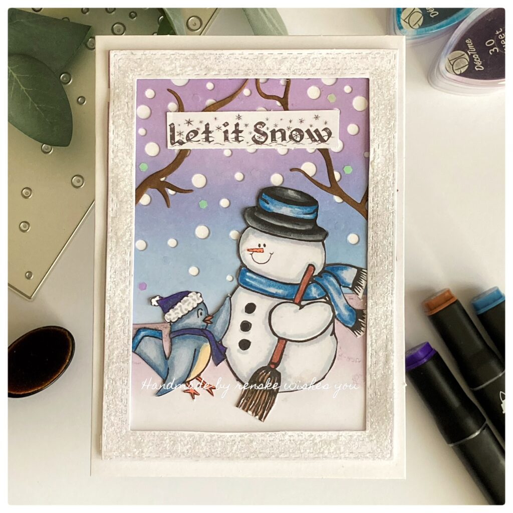 Featured image Snowman Christmas Card. Showing a blue/purple sky a snowman and bird.