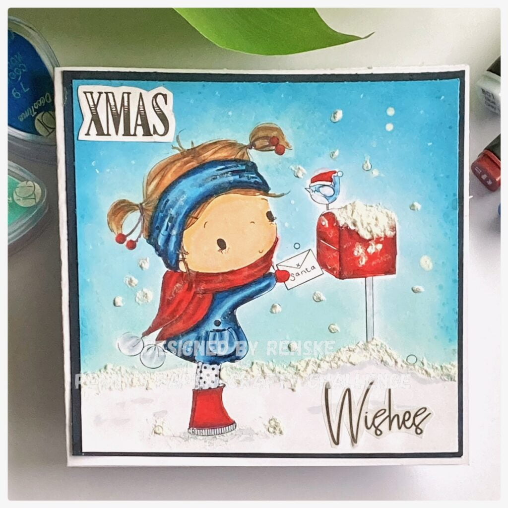 Santa post card. A girl posting a lettre for Santa. A girl in red an blue clothes with a red mail box.