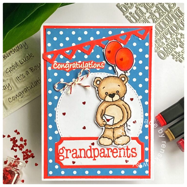 Grandparents card with a cute bear holding a balloon. The card is made in a red blue theme