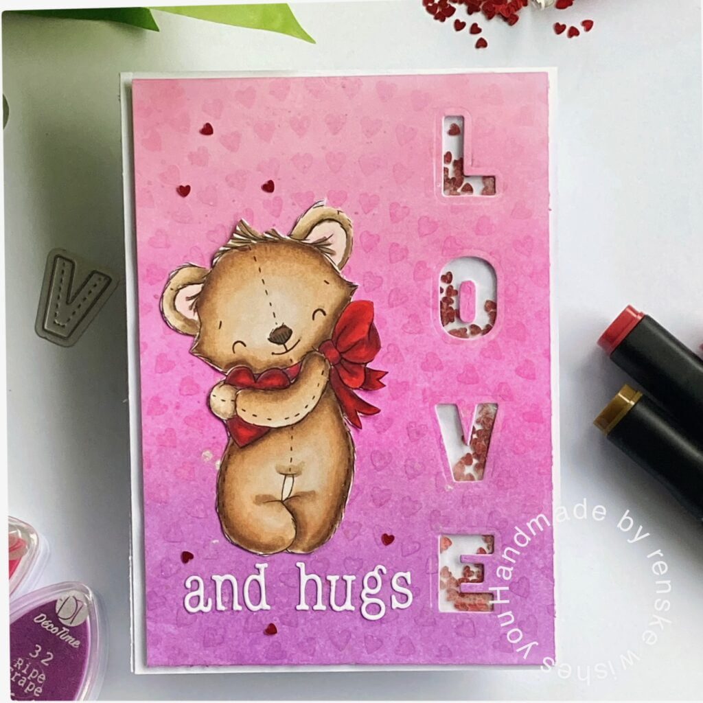 My finished shaker card love and hugs