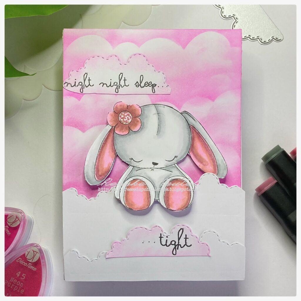 My finished bunny baby card with cute pink clouds on the background.