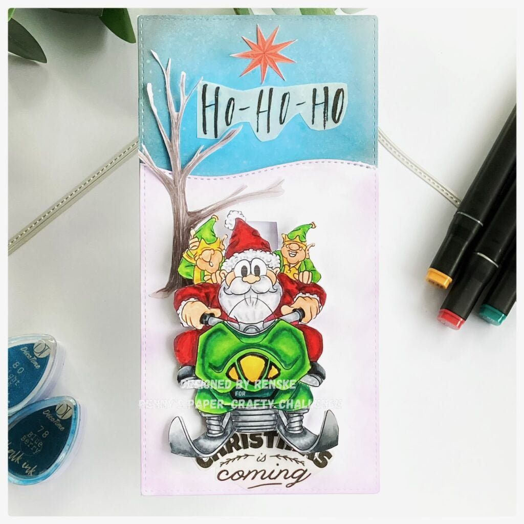 My finished slimline Santa skidoo slider card