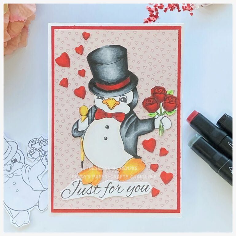 My finished valentine penguin card. Love this penguin with his black hat and jacket and a red bow. Holding red flowers and spreading hearts.