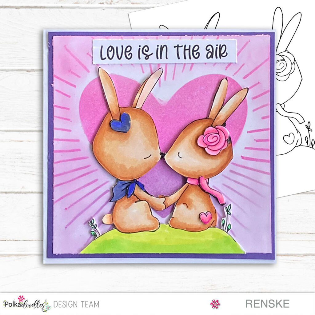 My finished engagement card. With two bunnies holding hands and looking at each other. Behind them is a big pink heart shining in the air.