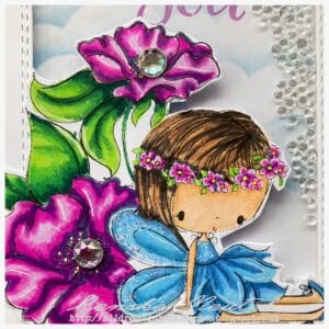 Close up coloured digital stamp Little Flower fairy All Dressed Up Stamps Coloured digital stamp Little flower fairy featuring a fairy in a blued dress against purple flowers.