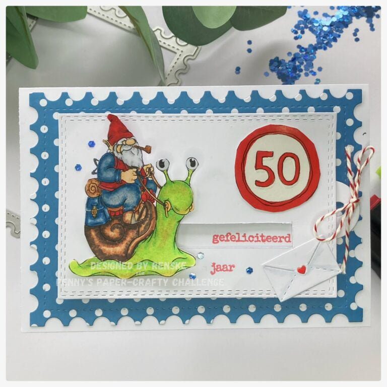 My finished 50th birthday slider card. I move the gnome sitting on the snail from one side to the other on this card.