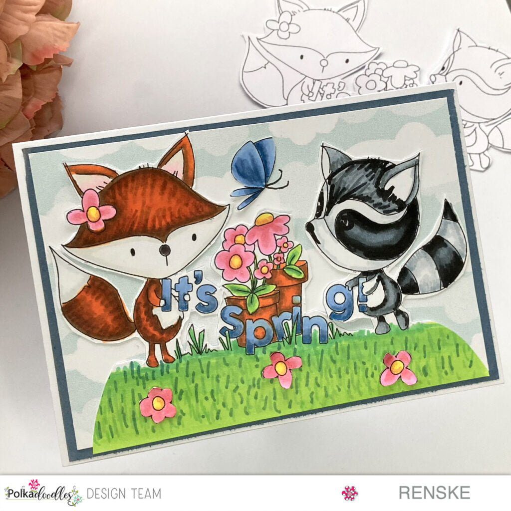 My finished Spring animals card. I colored the racoon in black and white and the fox in orange brown colores.