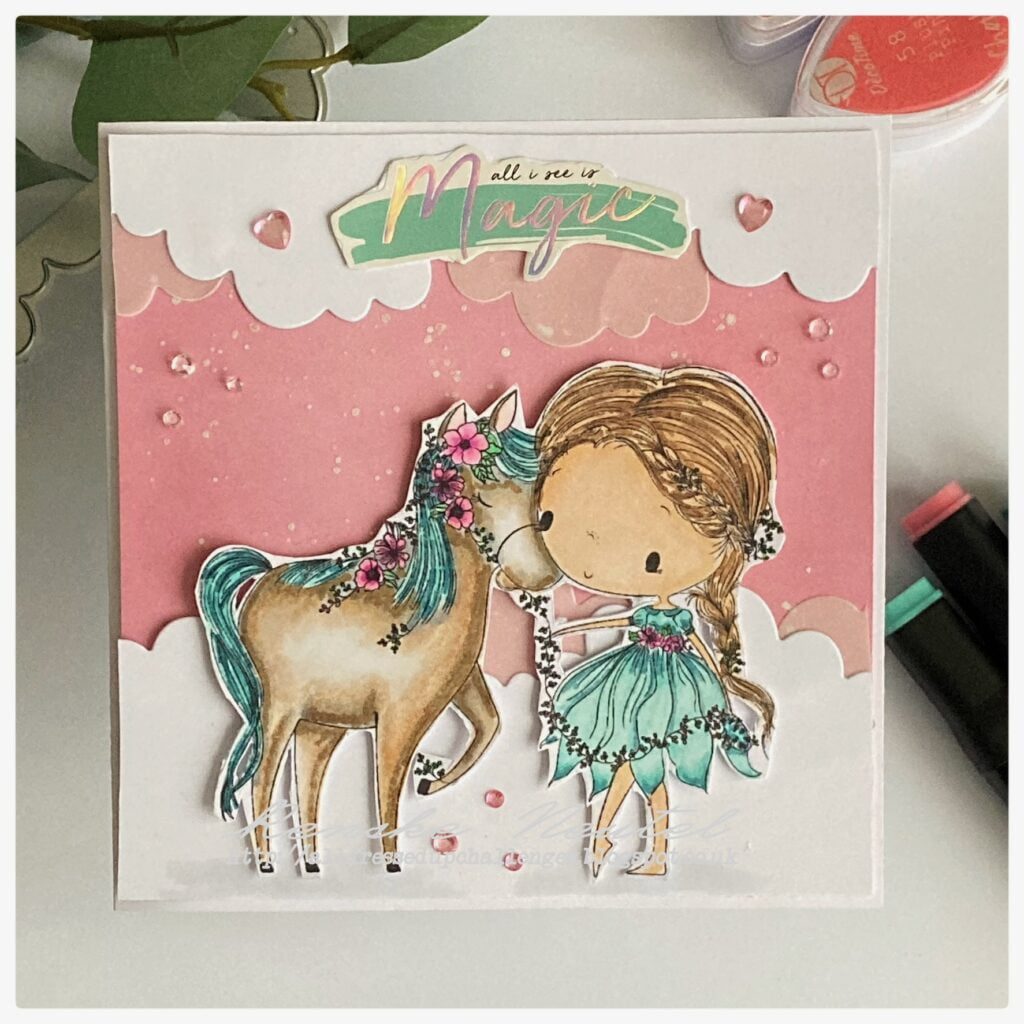 My finished card with the digital stamp Magical Pony by All Dressed Up Stamps