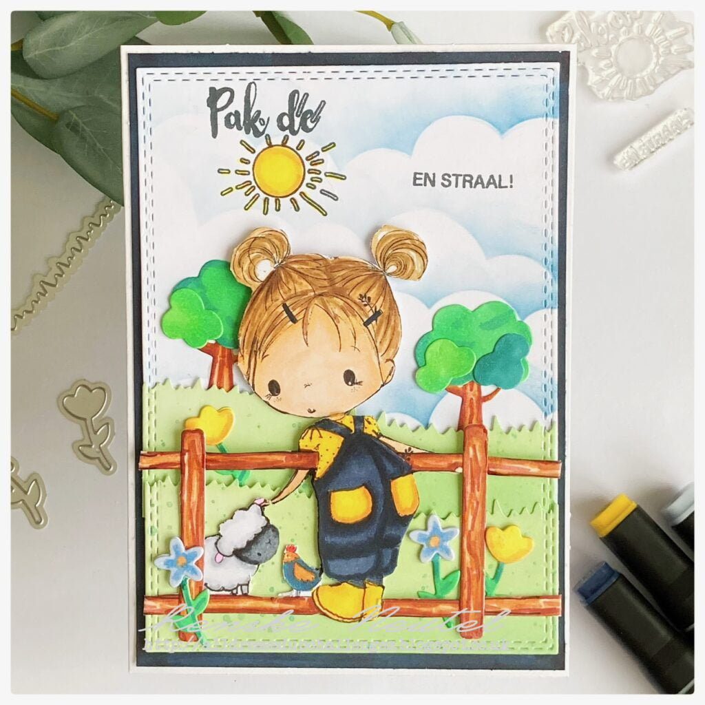 My finshed card with the new release stamp Spring Lamb. It's a girl standing on a fence touching a little lamb.