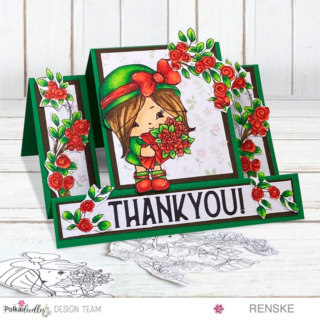 Centre stepper card with a girl with roses.