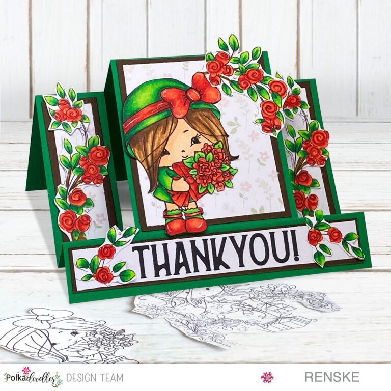 Centre stepper card with a girl with roses.