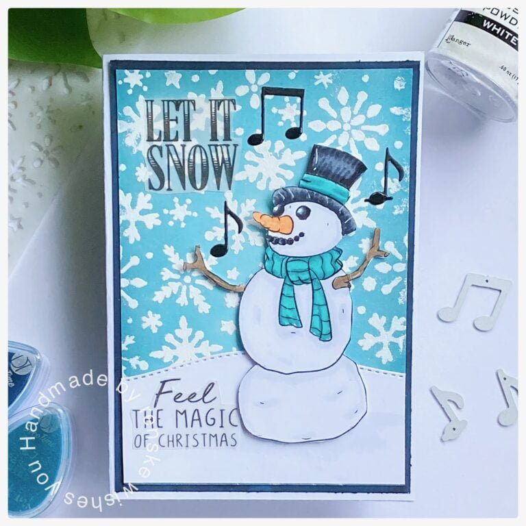 Featured image with the digital stamp Frosty the snowman from Dr. Digi House of Stamp. The snowman is singing with a beautiful blue background with dry embossed ice flowers on the background.