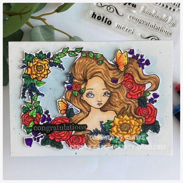 Card with the digital stamp Twilight garden from Ching Chou Kuik. You see a girl surrounded with flowers