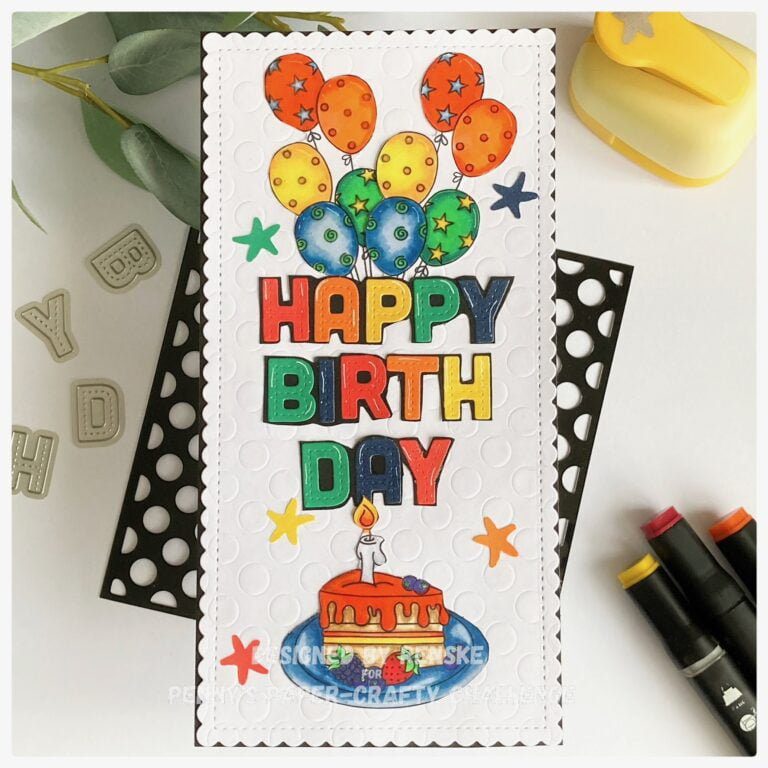 Happy Birthday slimline card with cake and balloons