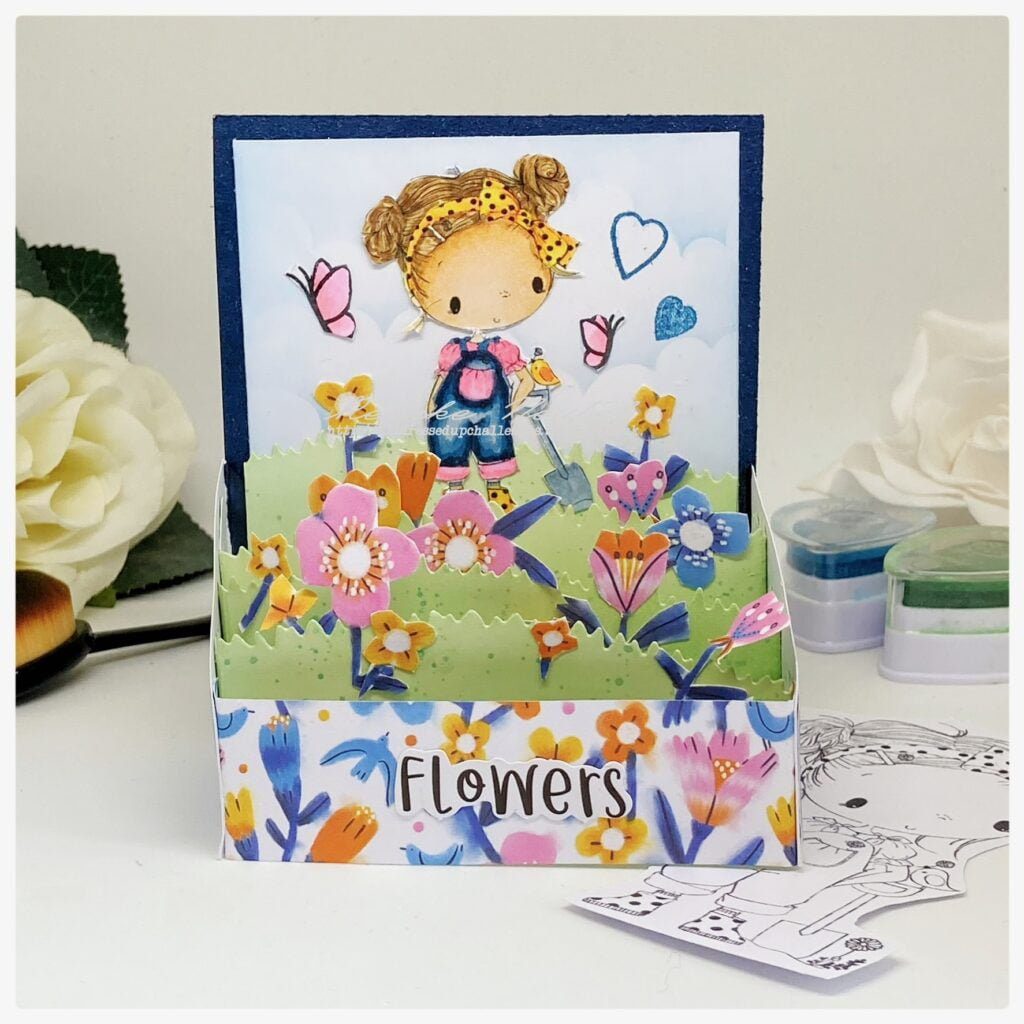 My finished Card in a box card with the digial stamp Wellie Boots from All Dressed Up Stamps