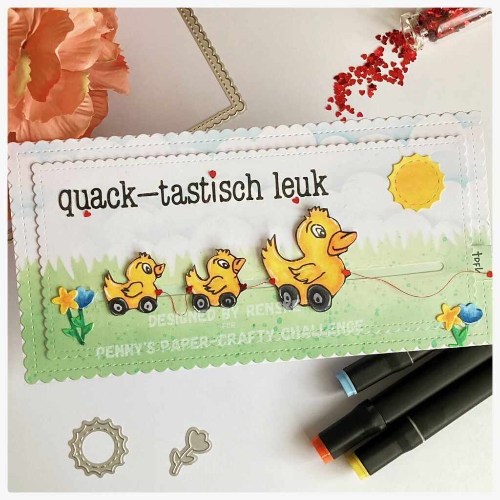 Slimline slider card with three yellow ducks.