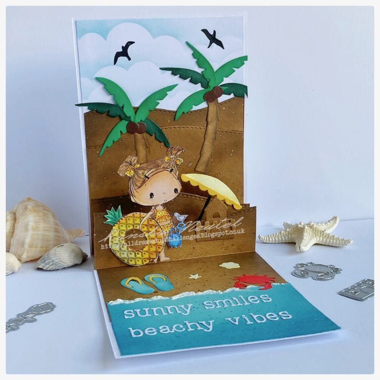 Finished pop-up beach card - Enjoy the sunny vibes with this handmade pop-up beach card featuring a lovely summer scene with waves, beach elements and a cute girl with a pineapple float. A perfect keepsake for beach lovers!