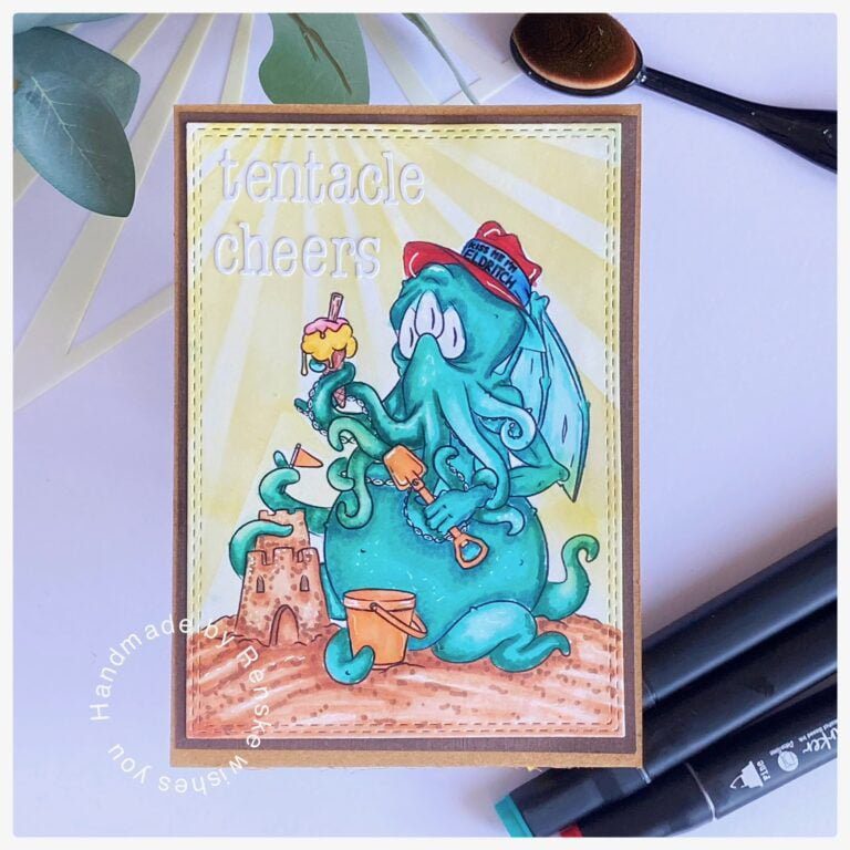 Finished Summer Octopus Card: A playful octopus building sandcastles on the beach, with a whimsical sentiment, ice cream, and sparkling sun-rays.