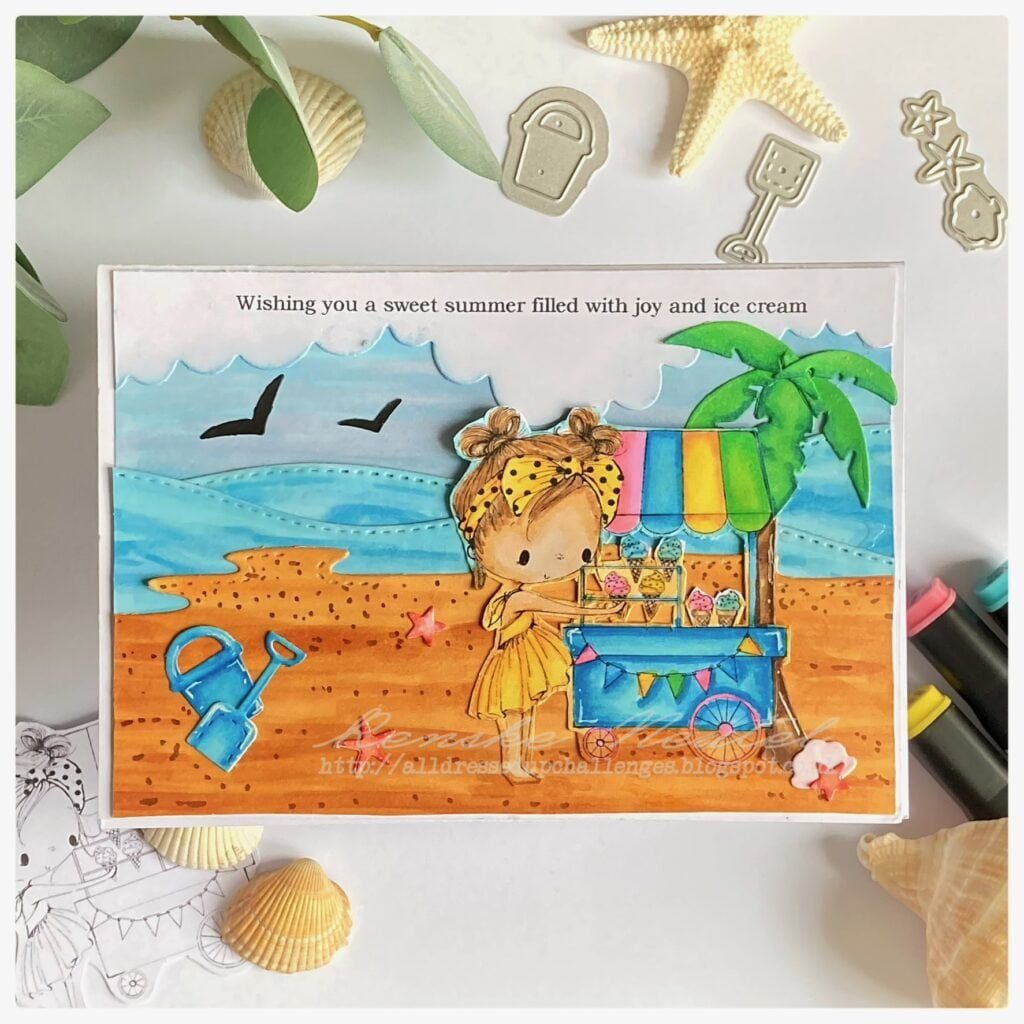 A summer beach ice cream card. A girl standing on the beach buying a icecream.