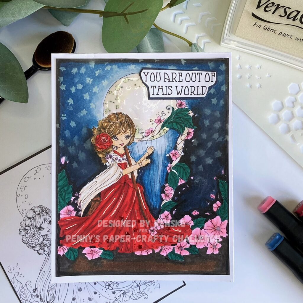 Finished Magical card: A celestial masterpiece featuring the captivating 'Harper's Moon Melancholy Moppet' digital stamp, adorned with stars, shimmer, and intricate detailing.