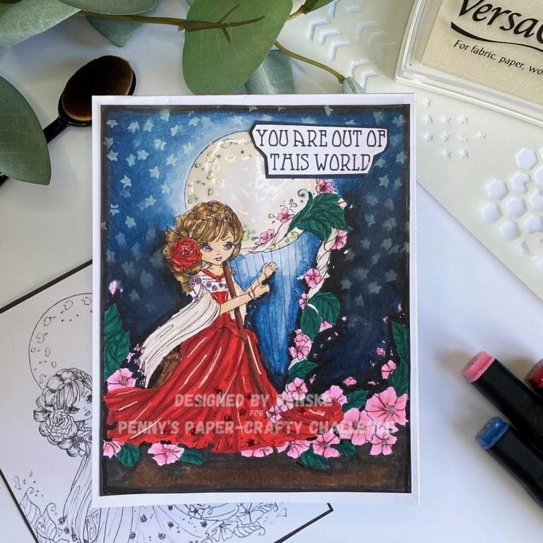 Finished Magical card: A celestial masterpiece featuring the captivating 'Harper's Moon Melancholy Moppet' digital stamp, adorned with stars, shimmer, and intricate detailing.