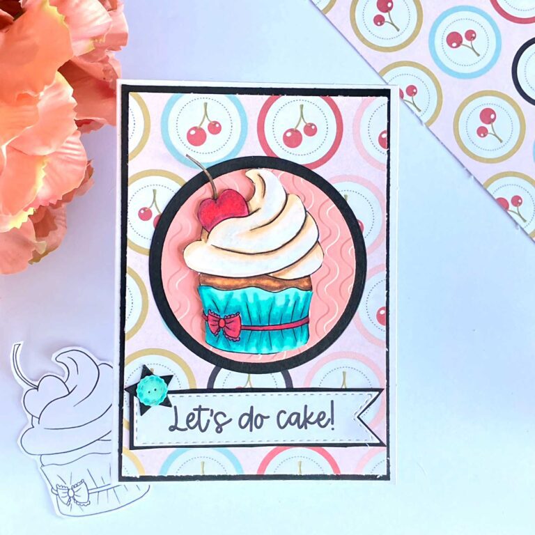 Front view of a delightful Handmade Cupcake Birthday Card featuring a charming digital stamp of a cherry cream cupcake. The card is adorned with colorful embellishments and a heartfelt sentiment, perfect for celebrating someone's special day with love and creativity