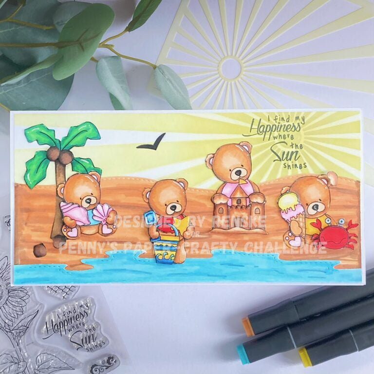 Vibrant slimline beach card featuring adorable bear characters enjoying a day by the sea. The beach-themed background adds depth and warmth to the scene.