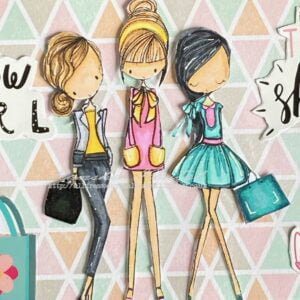 Close-up view of a beautifully colored digital stamp featuring three stylish ladies in mint green, pink, and beige attire