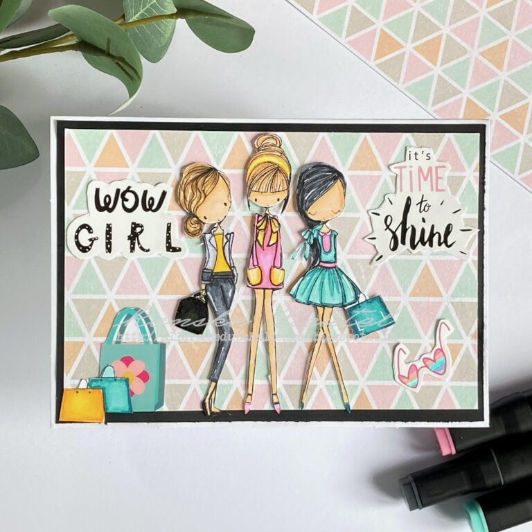 Handcrafted feminine card featuring three stylish ladies in mint green, pink, and beige attire, surrounded by elegant embellishments.