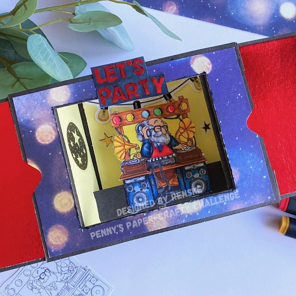 Finished Theater Fold Card with DJ-Dad-Rock Character and Creative Embellishments.
