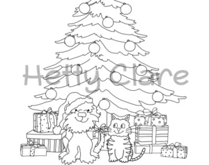 Digital Stamp Christmas Pets Hetty Clare. A christmas tree with a dog and a cat on front of all the presents