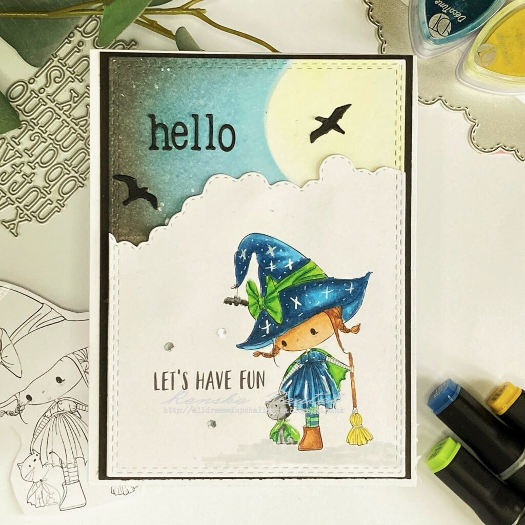 Image of a Halloween Dress Up Card with a moonlit Halloween scene and enchanting digital stamp.