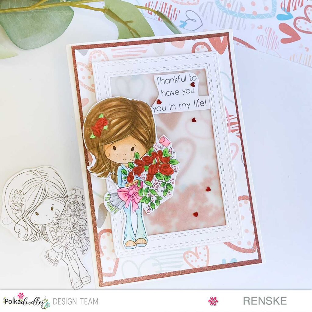 A handmade Thank You Shaker Card with colorful hearts and a bouquet of flowers.