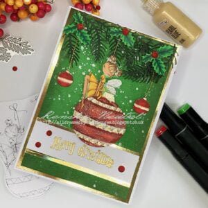 Handmade Christmas Baubles Card with Elf and Festive Baubles on a Green Background