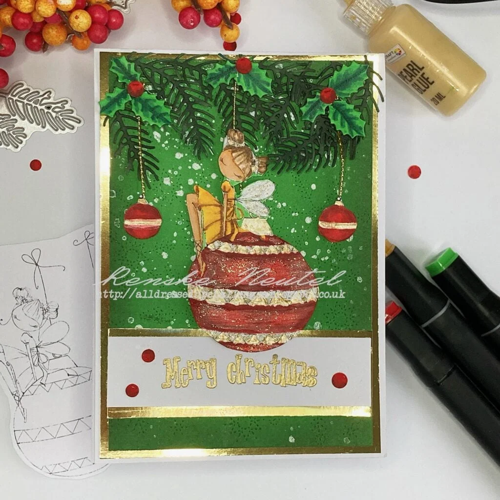 Christmas Baubles Card - A festive handmade holiday card with an elf and sparkling baubles on a beautifully crafted background.