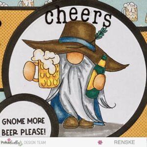 Close-up of a beautifully colored digital stamp featuring a gnome with beer elements, showcasing vibrant alcohol marker colors and intricate details.