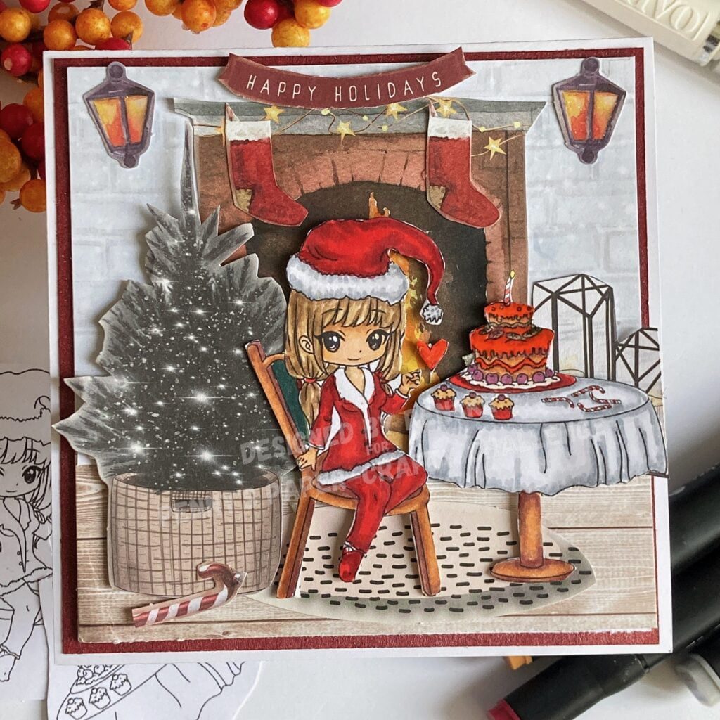 Cozy Christmas Scene Card: A handcrafted greeting card featuring a heartwarming holiday scene with a festive table, delicious treats, and a warm atmosphere.