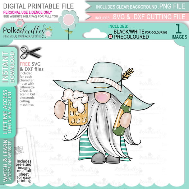GnomeFD_party1cFathers-Day__02570 Digital stamp from Polkadoodles Dad Father celebration. A gnome with a beer pull and a bottle of beer.