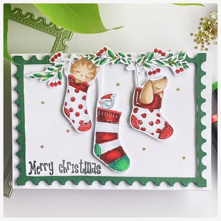 Finished card with the digital stamp Stockings from All dressed Up Stamps. In traditional colours red and Green