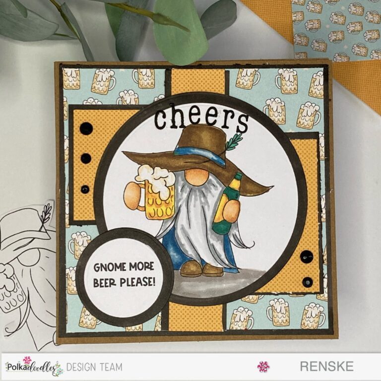 Masculine Birthday Card featuring a charming gnome holding beer elements against a blue-patterned background adorned with beer mugs.