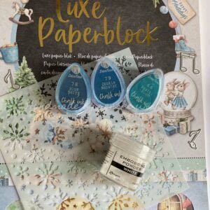 Materials for Bunny Christmas Card: Luxe Paper Block, stencil, embossing powder and more.