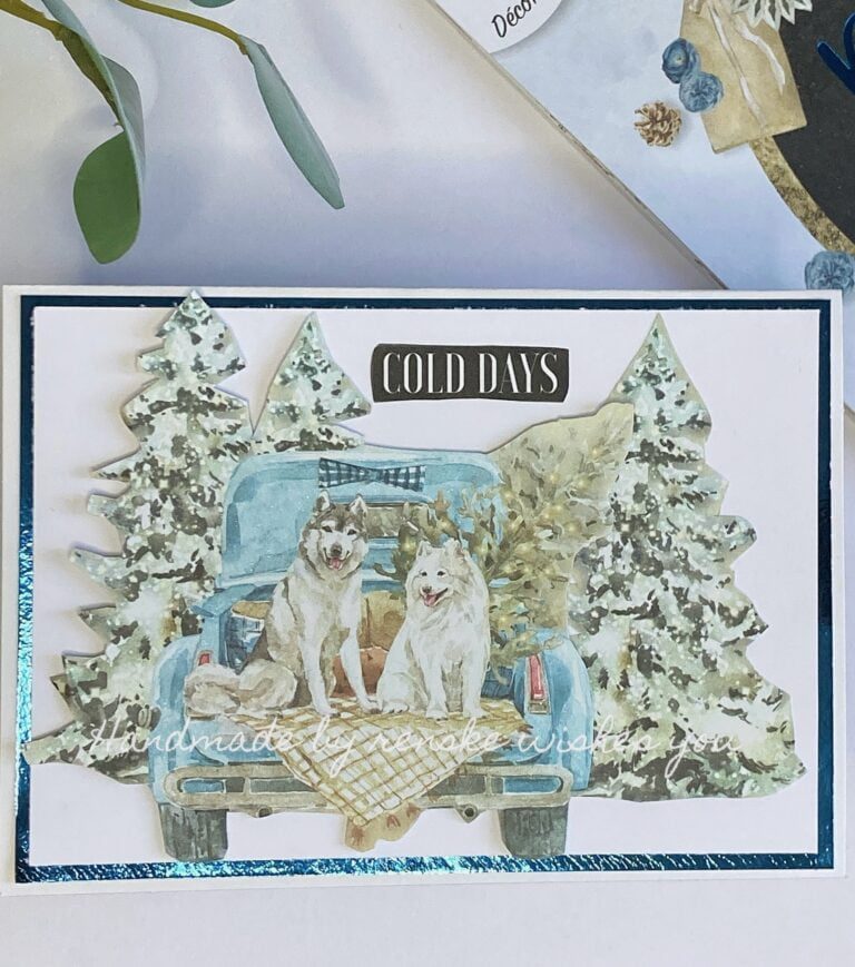 Featured image: Simple Christmas card ideas with blue car, dogs, and snowy trees.