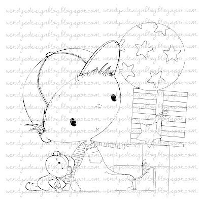 Digital Stamp Present Suprise. A boy with presents and a balloon on it. 