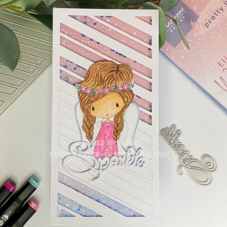 Shaker slimline card tutorial showcasing Angel Wings digital stamp, sequins, and winter-themed background.