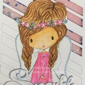 Close-up of the colored Angel Wings digital stamp, showcasing delicate coloring with shades of pink, blue.