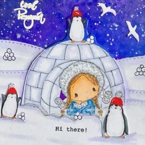 Close-up view of the colored Penguin Fun digital stamp featuring a girl, penguins, igloo, and snowy landscape on a handmade winter-themed card.
